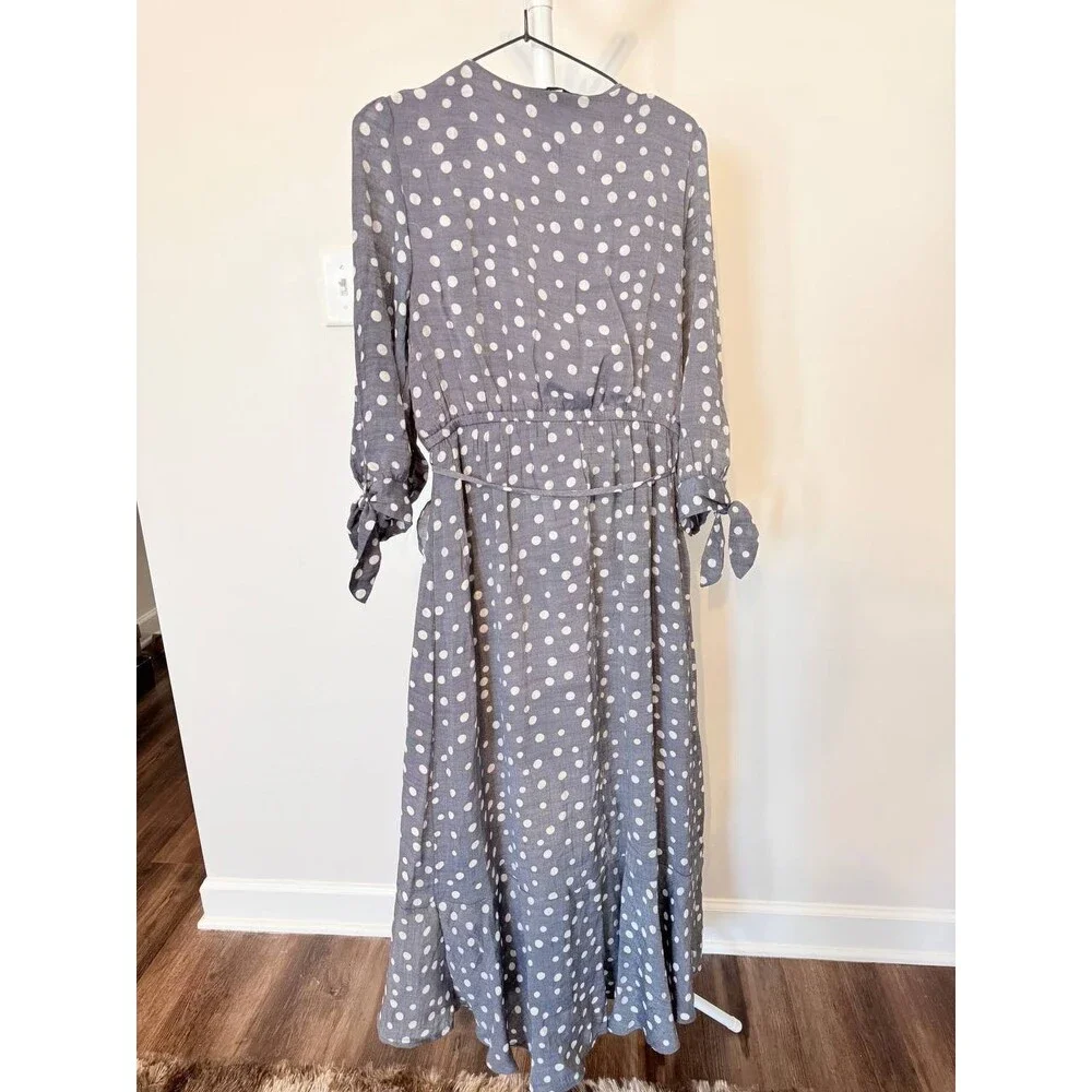 Harlow & Rose Polka‑Dot Long‑Sleeve Tie‑Waist Midi Dress–Gray/White Dot –XL-$56 - Picture 3 of 4